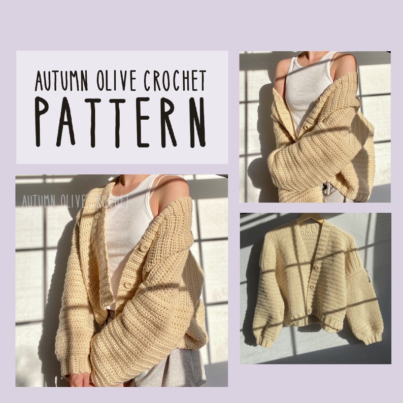 Crochet Pattern Autumn Olive Cardigan classy open front sweater pattern with optional buttons, pockets, size inclusive, made to measure image 1