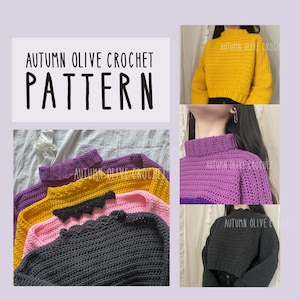 Puede incluir: Un patrón de ganchillo para un suéter corto en cuatro colores diferentes: morado, amarillo, rosa y negro. El texto "AUTUMN OLIVE CROCHET PATTERN" se muestra en la parte superior de la imagen.