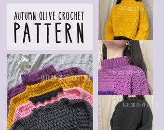 Crochet Pattern - Autumn Olive Oversized Pullover, sweater with 4 different collar styles, customizable, easy to add stripes or colorwork