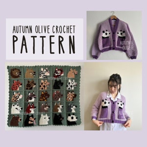 May include: Crochet pattern for a cardigan with panda bear faces on the pockets. The cardigan is purple and white and is shown being worn by a person. The pattern is called "Autumn Olive Crochet".