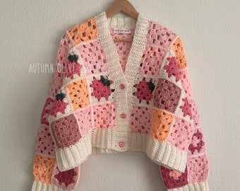 strawberry patchwork cardigan - crochet cardigan in pink and peach colorful tones and various textures with pink pearlescent buttons