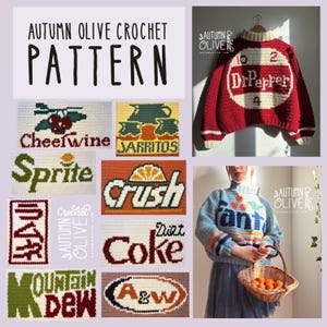 Puede incluir: Una colección de patrones de ganchillo con logotipos de refrescos como Dr. Pepper, Fanta, Sprite y Crush. Los patrones se muestran en suéteres y paneles, mostrando la marca Autumn Olive Crochet.