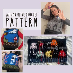 Może przedstawiać: Obraz przedstawia wzór na szydełku z tekstem "AUTUMN OLIVE CROCHET PATTERN". Pokazuje różne szydełkowe kamizelki z kolorowymi wzorami, w tym krajobrazy inspirowane grami wideo i meduzy. Osoba ma na sobie szary szydełkowy top z motywem grzyba.