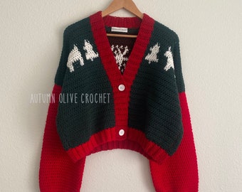 festive cardigan - crochet holiday button up in red and green with white graphics across the chest: Bear, pine, snowflake, reindeer