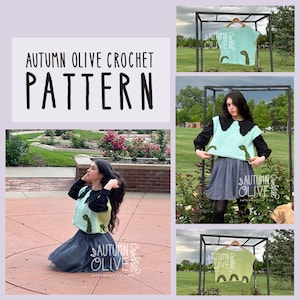 May include: A crochet vest featuring a light green and dark green dinosaur pattern. The vest has a wide, flat collar and is shown in multiple views, including on a hanger and worn over a black long-sleeve shirt with a dark gray skirt.