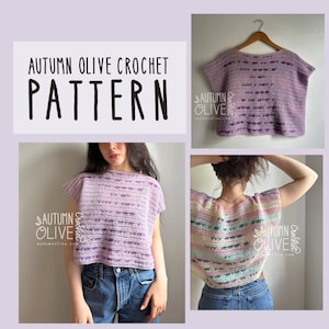 May include: A crochet pattern image with the text "AUTUMN OLIVE CROCHET PATTERN". The image shows a lilac-colored, short-sleeved crochet top with horizontal stripes. Additional images show the top on a hanger and being worn.