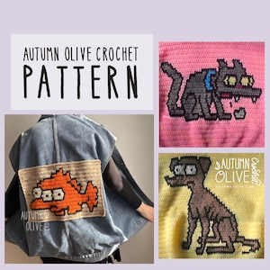 May include: An image featuring crochet patterns. The text "AUTUMN OLIVE CROCHET PATTERN" is displayed. The image includes a denim jacket with an orange cartoon character patch, and two crochet squares with cartoon cat and dog designs.
