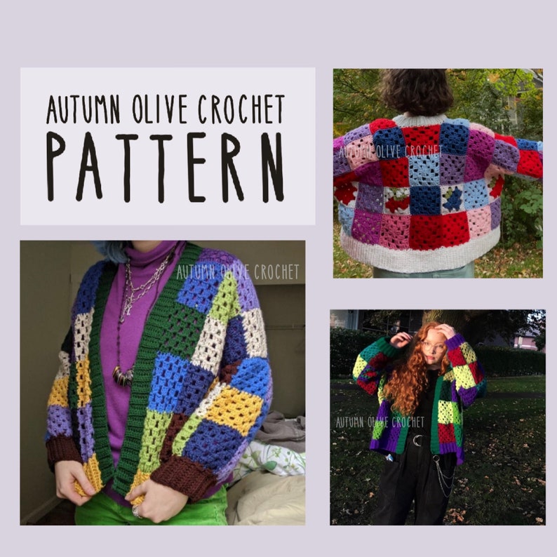 Crochet Pattern Garden Patchwork Cardigan variety pack granny square and fruit / vegetable patches, fun, versatile, classic, timeless image 3