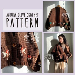 Può includere: Cardigan marrone all'uncinetto con ricami floreali e a forma di fungo. L'immagine mostra il testo "Autumn Olive Crochet Pattern". Il cardigan ha una chiusura con bottoni e tasche.