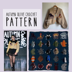 May include: A tan crochet cardigan with sea creature designs and blue buttons. The image also shows a blue crochet blanket with various sea creature designs. The text "Autumn Olive Crochet Pattern" is displayed.