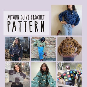 May include: A collage of six images showcasing different crochet sweater designs. The sweaters feature various patterns, including geometric shapes, hand prints, and abstract designs. The sweaters are in a variety of colors, including blue, green, brown, and pink. The text "AUTUMN OLIVE CROCHET PATTERN" is displayed at the top of the collage.