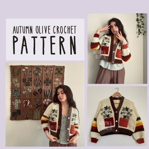May include: A crochet cardigan pattern featuring a patchwork design with autumnal colors and floral motifs. The pattern includes instructions for creating a cardigan with a V-neck, long sleeves, and a pocket on the front. The text "AUTUMN OLIVE CROCHET PATTERN" is displayed at the top of the image.