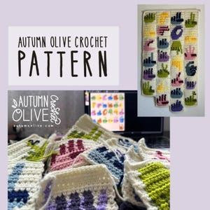 May include: A crochet wall hanging featuring a grid of squares, each displaying a hand sign in various colors against a cream background. The text AUTUMN OLIVE CROCHET PATTERN is visible, along with the logo AUTUMN OLIVE CROCHET and the website autumnolive.com.