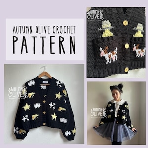 Könnte beinhalten: Schwarze Häkeljacke mit Stern-, Wolken- und Kuhmotiven. Die Strickjacke hat eine Knopfleiste und Taschen. Der Text "Autumn Olive Crochet Pattern" ist im Bild zu sehen.