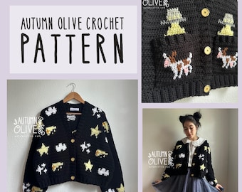 May include: Black crochet cardigan featuring star, cloud, and cow motifs. The cardigan has a button-up front and pockets. The image displays the text "Autumn Olive Crochet Pattern".