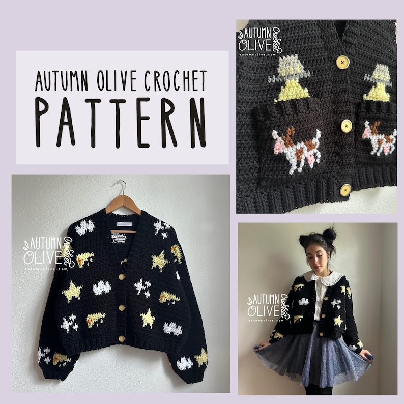May include: Black crochet cardigan with star, cloud, and cow designs. The cardigan has a button-up front and pockets. The text "Autumn Olive Crochet Pattern" is displayed in the image.