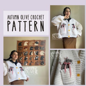 Könnte beinhalten: Ein weißer Häkelcardigan mit Mäusemotiven auf den Taschen und gelben Knöpfen. Das Bild zeigt auch einen Häkelwandbehang mit Tiermotiven und dem Text "AUTUMN OLIVE CROCHET PATTERN".