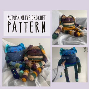 May include: A multi-panel image featuring a crochet pattern. The main image shows a large, handmade crochet creature with long limbs and a striped body in shades of blue, green, yellow, and brown. The text "AUTUMN OLIVE CROCHET PATTERN" is displayed.