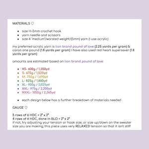 May include: A white page with handwritten crochet instructions. The text includes a list of materials such as a size H-5mm crochet hook, yarn needle, and various yarn weights. It also details gauge measurements and yarn amounts for different sizes.