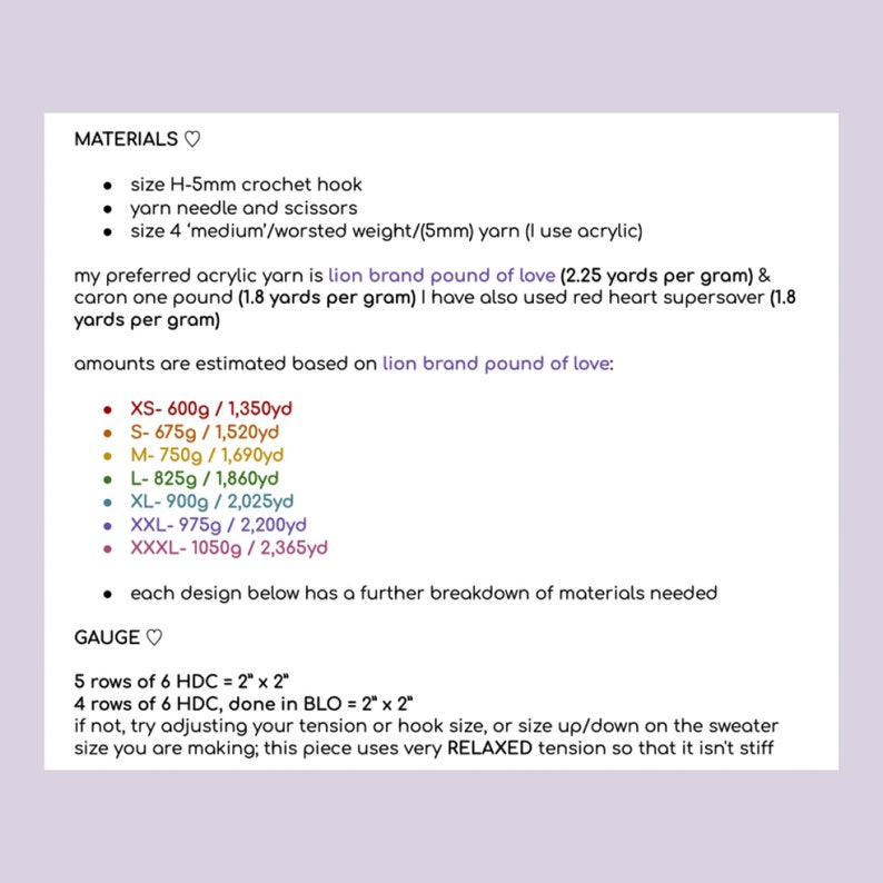 May include: A white page with handwritten crochet instructions. The text includes a list of materials such as a size H-5mm crochet hook, yarn needle, and various yarn weights. It also details gauge measurements and yarn amounts for different sizes.