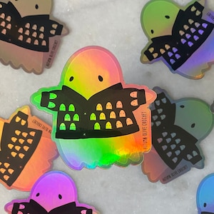 holographic sticker - ghost in a handmade sweater, rainbow effect 3 inch vinyl sticker with kawaii cute ghost in a crochet knit cardigan