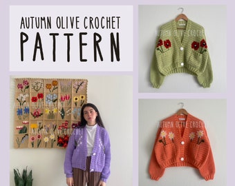 Crochet Pattern - Pocket Full of Posies Cardigans, 25 flowers in 1 variety pack bundle, size inclusive, beginner friendly, oversized