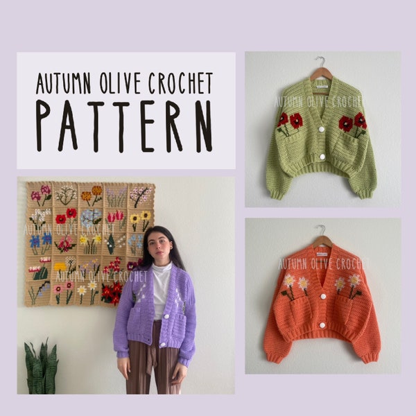 Wzór szydełkowy – kardigany z kieszeniami pełnymi bukietów, 25 kwiatów w 1 zestawie różnych wzorów