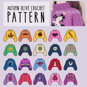 Pode incluir: Uma coleção digital de vinte padrões de camisolas de croché intitulada Autumn Olive Crochet Pattern. Cada camisola apresenta um design gráfico único, incluindo um chapéu de cowboy, bigode, maçã, coração, lápis, estrela, terra, trevo, caveira, pug, lobo, dinossauro, lábios, pinguim, íman, polegar para cima, chave, cão, camisola e gato.