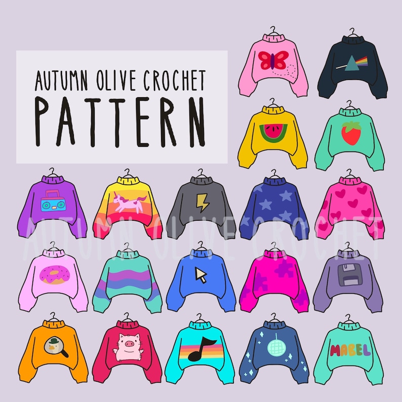 Crochet Pattern Mabel's Sweater Collection Part II, 20 in 1, size inclusive, simple, quick, beginner friendly, cartoon, cosplay, pine image 2