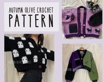 Crochet Pattern - Halloween Cardigan 10 different graphics, sweater pattern with optional buttons, pockets, size inclusive, made to measure