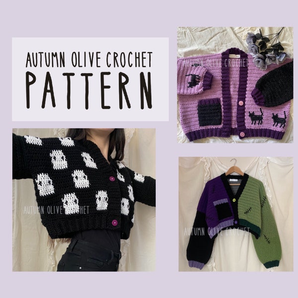 Crochet Pattern - Halloween Cardigan 10 different graphics, sweater pattern with optional buttons, pockets, size inclusive, made to measure