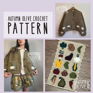 May include: A crochet pattern titled Autumn Olive Crochet Pattern featuring a brown cardigan with white cup motifs on the pockets and sleeves, and a rectangular wall hanging displaying a grid of various colorful crocheted vegetable icons.