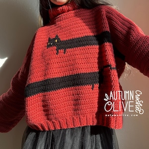 May include: Red crochet sweater with a black horizontal stripe and a black cat design. The sweater has a turtleneck and long sleeves. The text "AUTUMN OLIVE Crochet" and "autumnolive.com" is visible on the right side of the sweater.