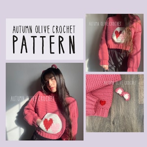 May include: A pink crochet sweater with a white and red heart design. The sweater is cropped and has a high neck. The text "AUTUMN OLIVE CROCHET PATTERN" is written in black at the top of the image.