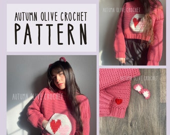 Crochet Pattern - Colorful Bears sweaters with pocket - pullover with heart appliqué, front pocket, 10 symbol variations, matching ears