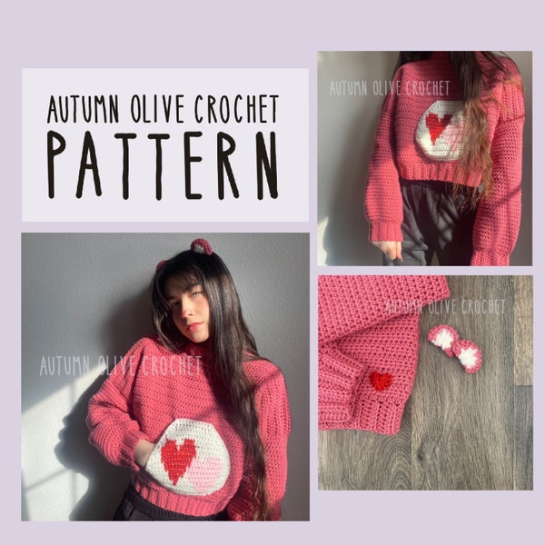 Wzór szydełkowy - Kolorowe swetry z misiami i kieszenią - sweter z aplikacją w kształcie serca, kieszeń z przodu, 10 wariantów symboli, pasujące uszy