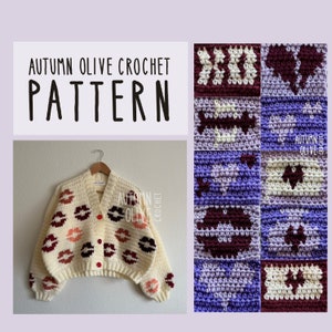 Patrón de crochet - Suéter con letras de amor - 10 gráficos diferentes, patrón de suéter con botones, bolsillos, tamaño incluido, personalizable