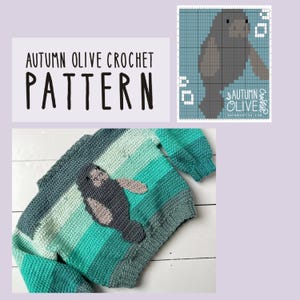 May include: A crochet jumper featuring horizontal stripes in shades of teal, turquoise, and mint green, with a dark grey manatee appliqué on the front. The image includes a grid-based crochet pattern chart labelled Autumn Olive Crochet.