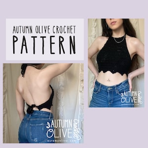 May include: Black crochet halter top with a scalloped edge. The image includes the text "Autumn Olive Crochet Pattern" in a white box. The top is paired with blue jeans. The Autumn Olive logo is also visible.