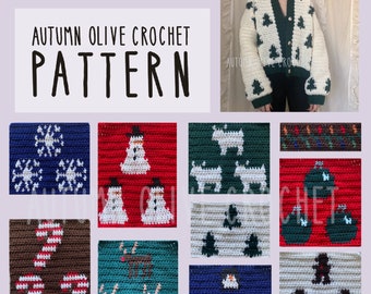 Crochet Pattern - Holiday Cardigan 10 different graphics, sweater pattern with optional buttons, pockets, size inclusive, made to measure