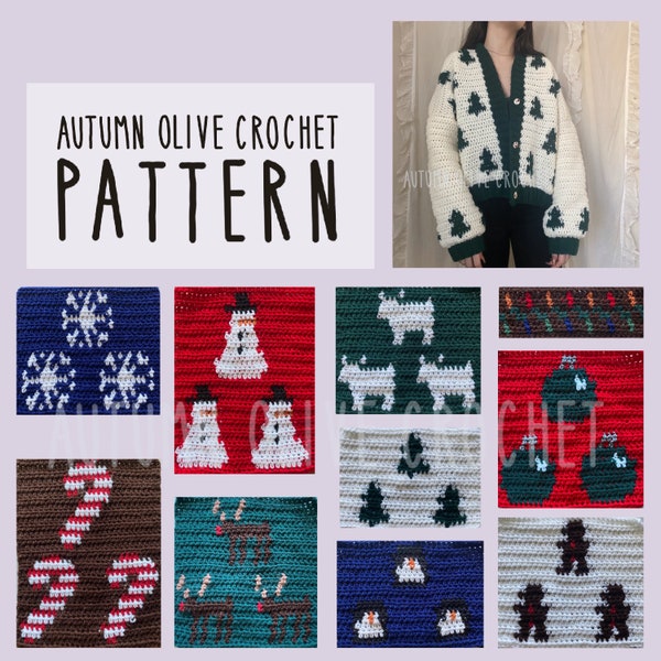 Wzór szydełkowy - Kardigan świąteczny 10 różnych grafik, wzór swetra z opcjonalnymi guzikami, kieszenie, rozmiar podany, szyty na miarę