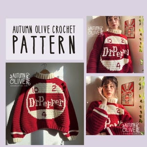 May include: A red and white crochet sweater featuring the Dr Pepper logo. The sweater has a cream-colored collar and cuffs. The text "AUTUMN OLIVE CROCHET PATTERN" is displayed above the sweater.
