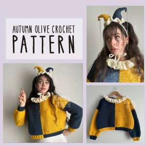 May include: A crochet pattern for a jester-inspired sweater with a yellow and blue color scheme. The sweater has a ruffled collar and a jester hat. The pattern is called "Autumn Olive Crochet Pattern".