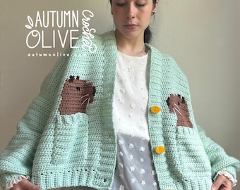 capybara cardigan XS-2X - oversized crochet button up with pet rodents in the pocket