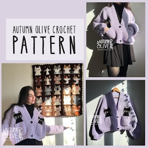 Può includere: Un collage con un cardigan all'uncinetto lilla con disegni di gatti neri e una coperta a tema gatto. Il testo "AUTUMN OLIVE CROCHET PATTERN" è visualizzato in grassetto. Il cardigan ha tasche.