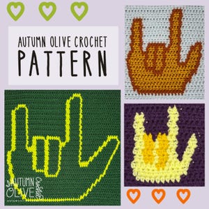 Könnte beinhalten: Eine Collage von Häkelmustern mit einem Handgesten-Design. Die Muster sind in Gelb-, Orange- und Grüntönen gehalten. Der Text "AUTUMN OLIVE CROCHET PATTERN" ist in Schwarz dargestellt. Das Bild enthält grüne und orangefarbene Herzformen.