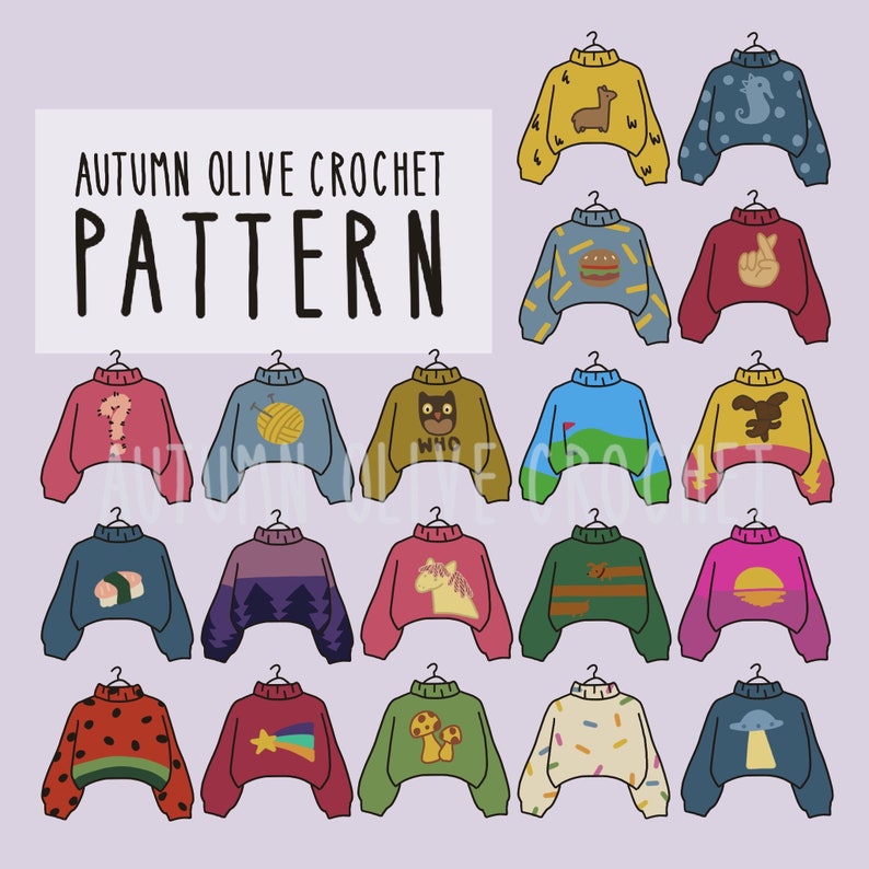 Crochet Pattern Mabel's Sweater Collection, 20 in 1, size inclusive, simple, quick, beginner friendly, cartoon, cosplay, pine image 2