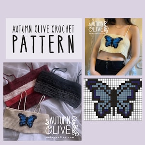 May include: A collage showcasing crochet patterns and finished tops. The text "Autumn Olive Crochet Pattern" is displayed. One top is cream-coloured with a blue butterfly design. Other tops are burgundy and black. A pixelated butterfly pattern is also shown.