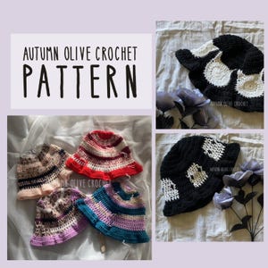 May include: An assortment of crochet bucket hats in various colors and patterns. The hats include a black and white cow print, and striped designs in red, pink, and blue. The text "AUTUMN OLIVE CROCHET PATTERN" is displayed.