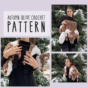 May include: A crochet pattern for a brown and white scarf with the text "Autumn Olive Crochet Pattern" at the top of the image.